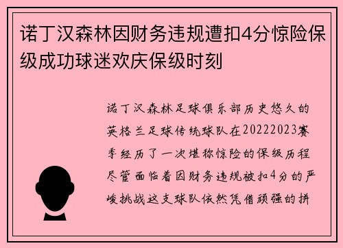 诺丁汉森林因财务违规遭扣4分惊险保级成功球迷欢庆保级时刻