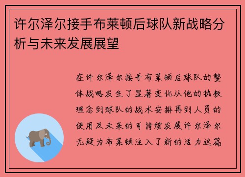 许尔泽尔接手布莱顿后球队新战略分析与未来发展展望