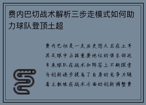 费内巴切战术解析三步走模式如何助力球队登顶土超