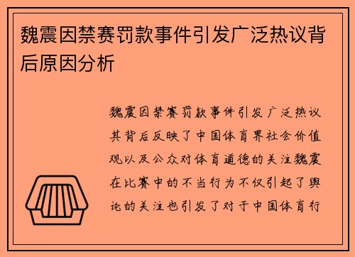 魏震因禁赛罚款事件引发广泛热议背后原因分析